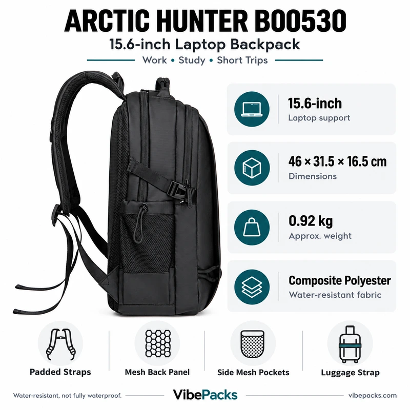 Arctic Hunter B00530 backpack infographic showing 15.6-inch laptop support, 46 × 31.5 × 16.5 cm dimensions, 0.92 kg weight and water-resistant polyester fabric