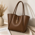 Premium women's tote bag with elegant brown design, large capacity, zip closure, and interior pocket, perfect for office and everyday use.